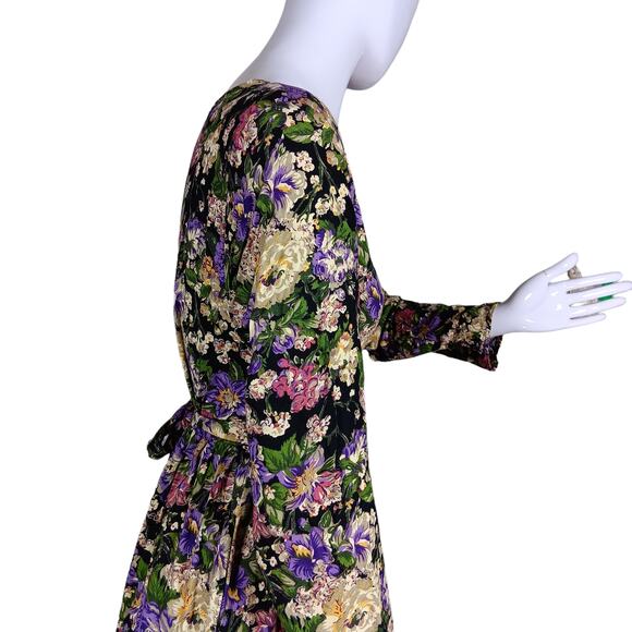 Vintage 90s Basics Floral Maxi Dress Large Long Sleeve Floral Print Purple Cream - Picture 10 of 10